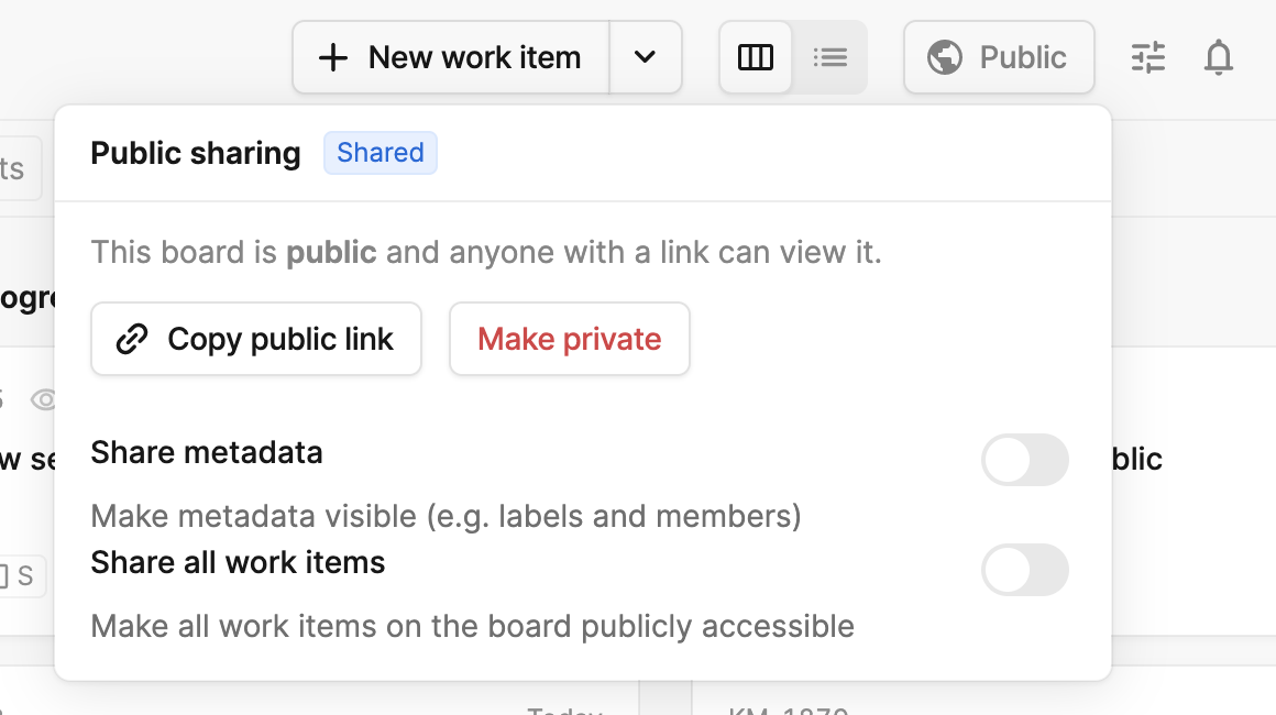 Screenshot of options for public boards